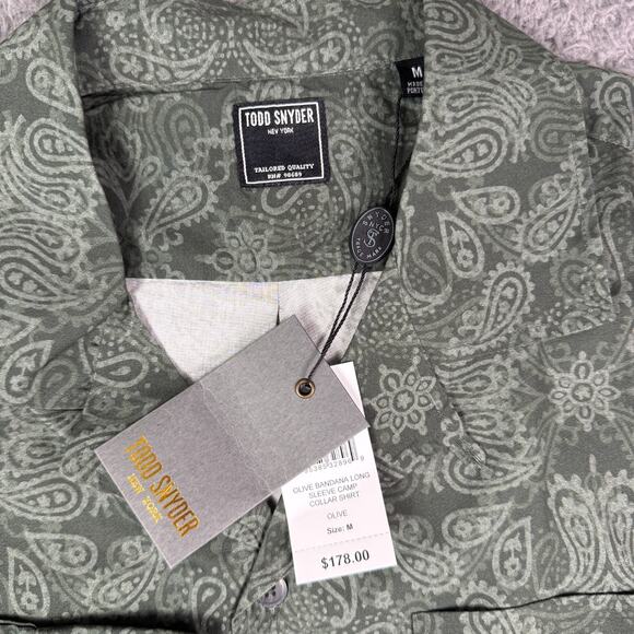Todd Snyder Olive Bandana Long Sleeve Camp Collar Shirt Mens M Green Stretch NEW - Picture 3 of 16